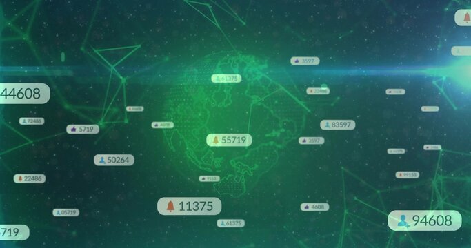 Rotating transparent globe in data interface, with network graph and numeric labels bearing icons