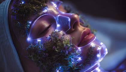 A futuristic spa offers treatments using holographic masks derived from enchanted herbs, blending health food benefits with advanced skincare
