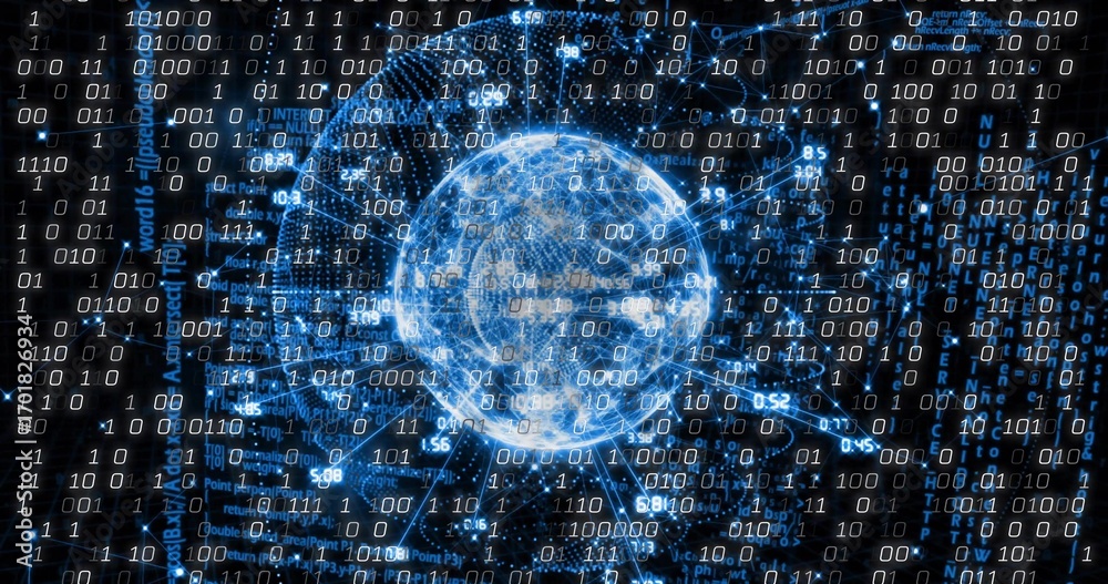 Wall mural displaying glowing blue digital globe streaming binary code in virtual network, with network lines