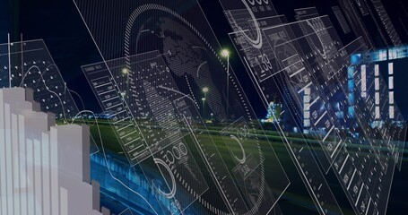 Projecting translucent holographic charts over city road at night, with guardrails and streetlights