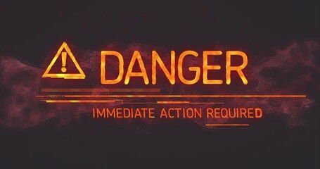 Displaying hazard icon and DANGER text on alert banner with IMMEDIATE ACTION REQUIRED, glitch lines