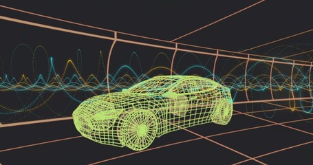 Obraz premium Displaying neon green wireframe car model rotating in neon grid tunnel, with colorful waveforms