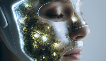 A futuristic spa offers treatments using holographic masks derived from enchanted herbs, blending health food benefits with advanced skincare