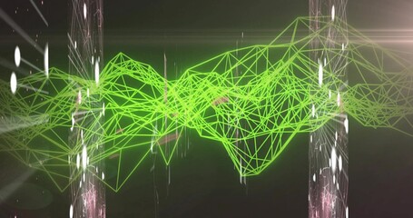 Floating green wireframe mesh hovering in virtual space, with translucent pillars and light streaks