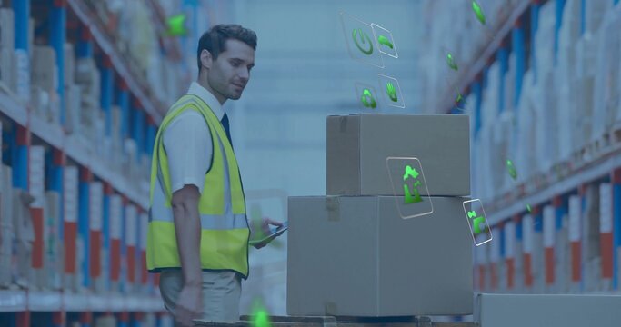 Scanning tablet wearing safety vest and tie inspecting boxes in warehouse aisle, with digital icons