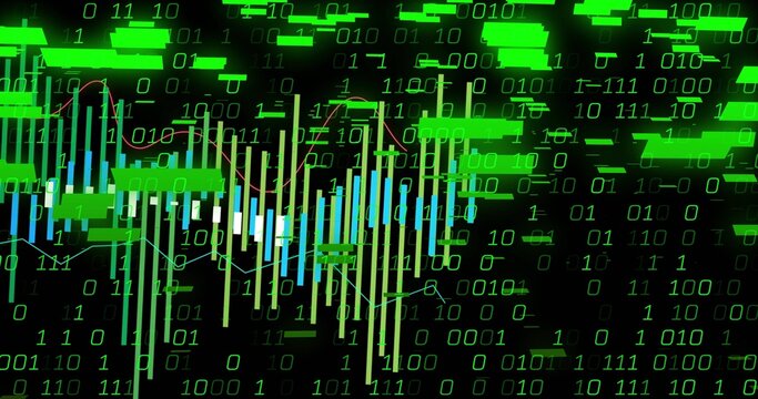 Displaying candlestick chart bars with red trend line on digital interface, binary digits streaming - Powered by Adobe