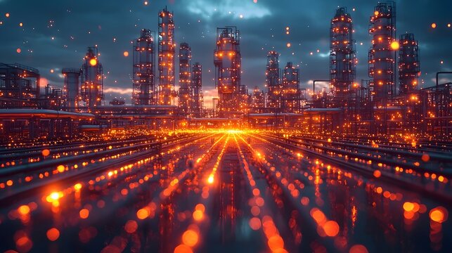 Futuristic industrial complex illuminated at night with glowing orange lights symbolizing energy and digital connectivity