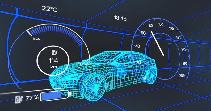 Displaying neon blue wireframe car model moving through grid tunnel, with Eco meter and speedometer