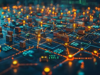 Abstract futuristic network of glowing interconnected nodes symbolizing digital connectivity global logistics and advanced technology systems