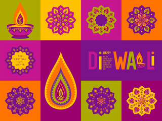 Colorful Diwali traditional design with diya lamp, rangoli mandala and festive grid pattern. Vibrant decorative background for Festival of Lights celebration. Vector illustration.