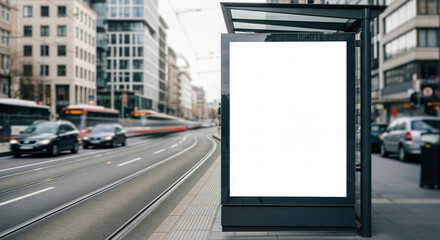 A blank citylight mockup at a tram stop on a city street with tracks and blurred traffic