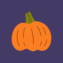 Cute pumpkin isolated on a purple background. Vector hand-drawn flat illustration. Perfect for decorations, menu, logo, Halloween designs.