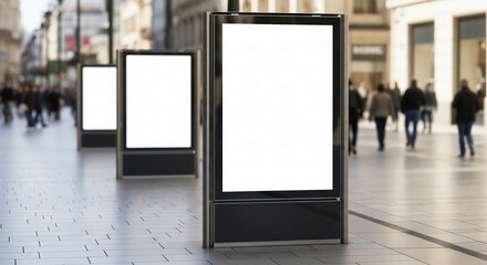 Three blank citylight mockups in a row on a wide pedestrian street in a modern city center