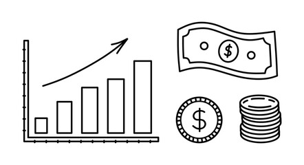 Finance doodle illustration with graph, money, coin, and dollar symbol. Hand-drawn line art design for business, banking, and investment concepts.