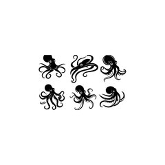 Obraz premium A collection of stylized black octopus silhouettes in various dynamic poses, isolated on a transparent background. 