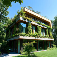 Modern building covered in lush greenery surrounded by trees on a cloudy day