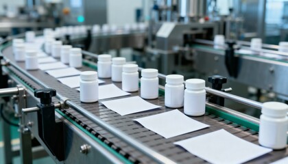 Obraz premium Pharmaceutical Manufacturing: Bottles and Documentation Move on Conveyor Belt in a Clean Production Environment