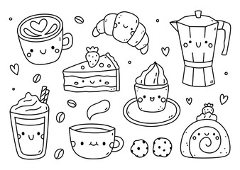 Cute coffee and dessert set with smiling cups, cake, croissant, moka pot and cookies. Kawaii style vector illustration on a white background. Perfect for cafe designs, menu, kids products.