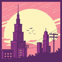 Obraz premium Pixel cityscape showcases purple buildings silhouetted against a large, bright yellow sun behind dotted clouds