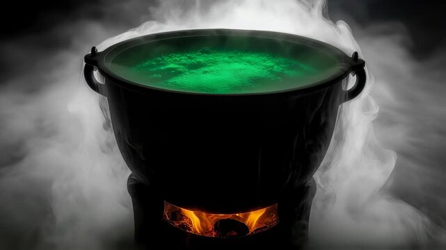 Spooky Halloween witch cauldron bubbling with green potion, surrounded by smoke and fire from below, horror holiday footage.