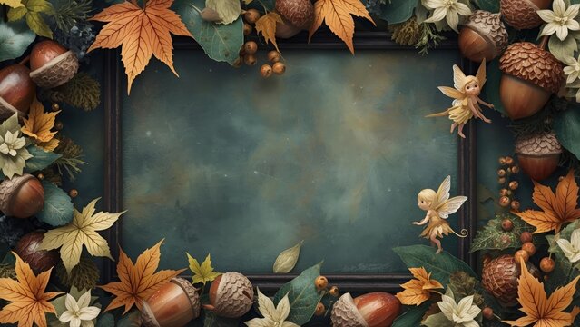Mystical autumn frame with deep blue and orange tones, featuring glowing particles and fall leaves. A mysterious and magical border design for fantasy themes, game backgrounds, or event posters