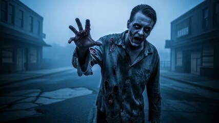 Scary man zombie with tattered clothes reaching out in foggy street during halloween night, horror concept footage.