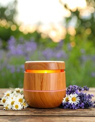 Wooden diffuser, warm light, lavender and daisies, garden background