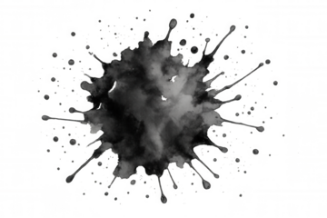 Black ink splashing against a transparent background, forming artistic splatters and intricate textures, creating a dynamic abstract effect