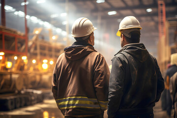 Workers discuss safety protocols inside a lumber production facility during a late afternoon shift