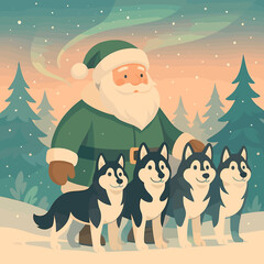 Santa Claus with Husky Dogs in Winter Wonderland - Christmas Illustration