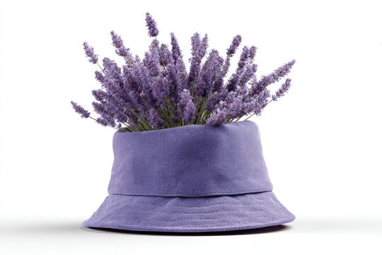 Lavender sprigs in a purple bucket hat