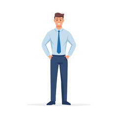 Obraz premium Smiling Young Office Man in Blue Shirt and Tie - AI Generated