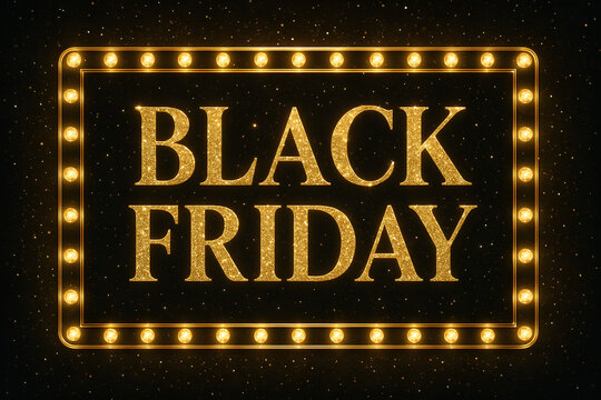 Black Friday Sale Banner with Glittering Gold Text and shining Frame on Black Background - Powered by Adobe