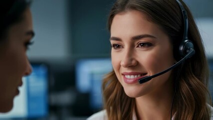 Young caucasian woman call center operator conversing and smiling at work, professional customer support service concept footage. - Powered by Adobe