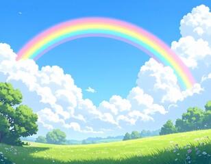 Rainbow Over Green Meadow and Blue Sky
