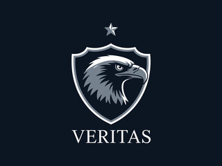 Fototapeta premium Eagle head inside a shield with a star above and the word veritas below on a dark blue background