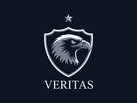 Eagle head inside a shield with a star above and the word veritas below on a dark blue background