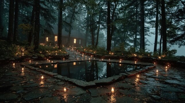 A candlelit vigil in the middle of a tranquil forest at dusk