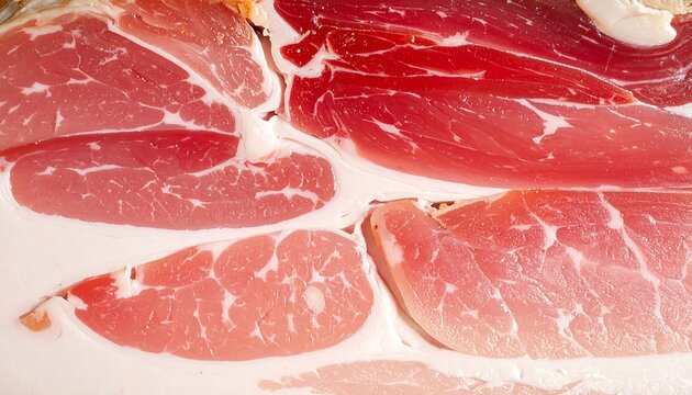 Close-up view of sliced cured meat, showcasing the intricate marbling and rich color of the product.