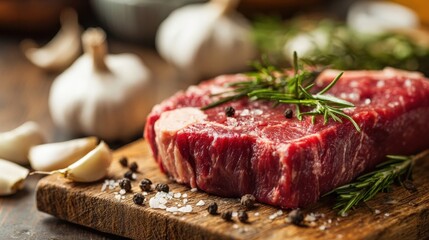 Raw Beef Steak with Herbs and Garlic on Wooden Board: Culinary Preparation