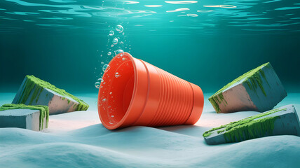 Vivid teal water conceals a submerged orange vessel amid abstract block forms