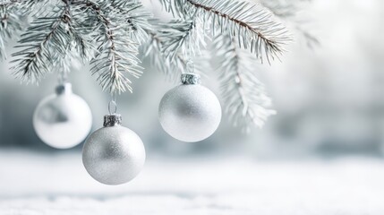 Obraz premium Elegant Christmas Tree Ornaments Hanging on Snowy Branch, Winter Holiday Scene for Festive Background