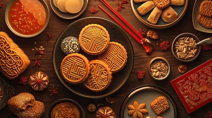 Assorted traditional mooncakes and accompaniments arranged on a festive table setting