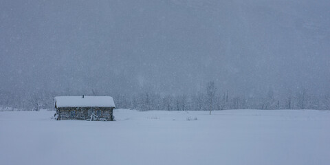 Norway. Cabin in winter landscape during heavy snowfall