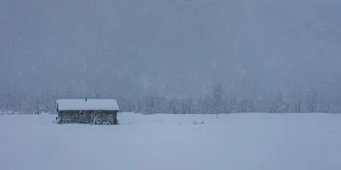 Gordijnen Poolcirkel Norway. Cabin in winter landscape during heavy snowfall  © Hortigüela
