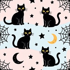 Pattern featuring playful black cats with yellow eyes, moons, stars, and cobwebs on a pastel background in a whimsical Halloween design