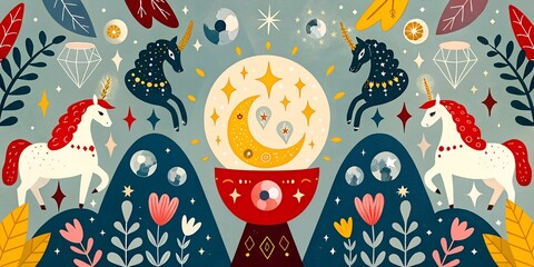Naklejka premium Colorful illustration of unicorns and a mystical globe surrounded by vibrant flowers unicorns, mythical, creatures, crystal, ball, stars, moon, illustration, fantasy, colors, whimsical, art, magical, 