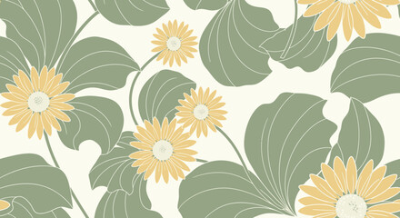 Elegant Floral Pattern With Daisies And Decorative Green Leaves