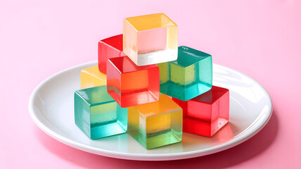 Obraz premium Bright jelly squares stacked neatly on a white plate, framed by a pastel pink setting