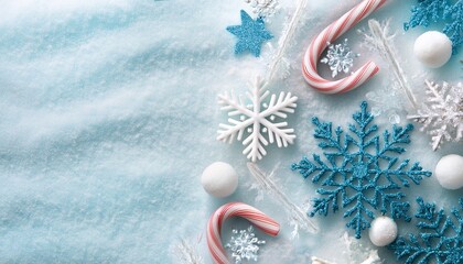 Christmas concept. Top view of pale blue and white candy canes and white glitter snowflake decorations on snow background with copy space. Generated image